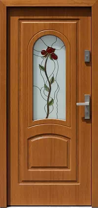 Drzwi drewniane zewnętrzne do domu wzór 576S1+ds1 w kolorze złoty dąb.