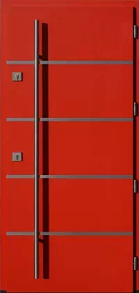 Drzwi antywłamaniowe zewnętrzne do domu i wewnętrzne do mieszkania model wzór 423,1-500C w kolorze czerwone.