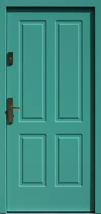 Drzwi antywłamaniowe zewnętrzne do domu i wewnętrzne do mieszkania model wzór 534,9 w kolorze turkusowe.