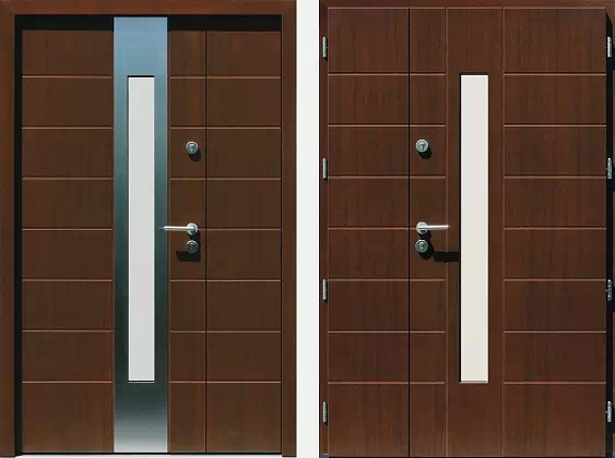 Drzwi dwuskrzydłowe zewnętrzne inox wzór wzór 939,3-939,13 w kolorze orzech.
