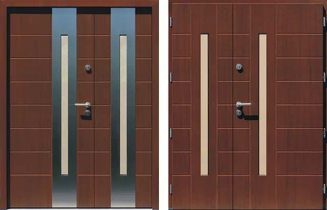 Drzwi dwuskrzydłowe zewnętrzne inox wzór 939,4-939,14 w kolorze orzech.