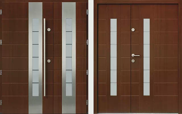 Drzwi dwuskrzydłowe zewnętrzne inox wzór 942,1-942,11+ds11 w kolorze orzech.
