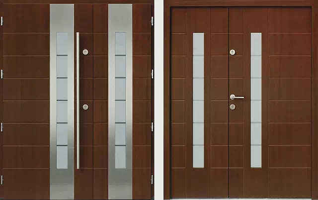 Drzwi dwuskrzydłowe zewnętrzne inox wzór wzór 942,1-942,11+ds11 w kolorze orzech.