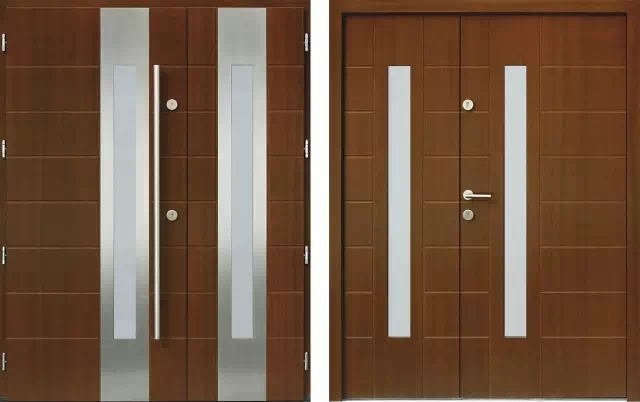Drzwi dwuskrzydłowe zewnętrzne inox wzór wzór 942,1-942,11 w kolorze orzech.