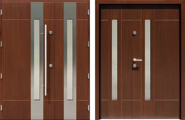 Drzwi dwuskrzydłowe zewnętrzne inox wzór wzór 950,2-950,12 w kolorze orzech.