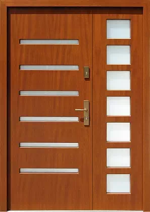 Drzwi dwuskrzydłowe zewnętrzne nowoczesne wzór wzór 911,1 w kolorze złoty dąb.