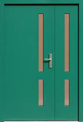 Drzwi dwuskrzydłowe zewnętrzne nowoczesne wzór 929,2 w kolorze turkusowe.