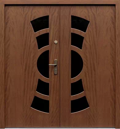 Drzwi dwuskrzydłowe zewnętrzne nowoczesne wzór wzór 930,2 w kolorze orzech.