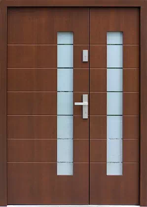 Drzwi dwuskrzydłowe zewnętrzne nowoczesne wzór wzór 941,3+ds11 w kolorze orzech.