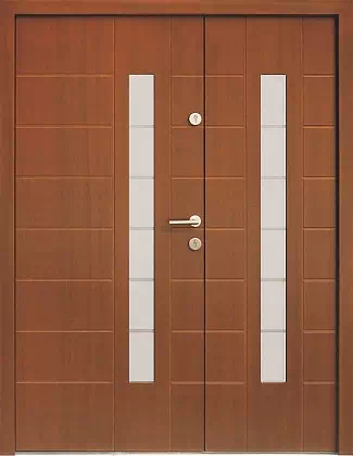 Drzwi dwuskrzydłowe zewnętrzne nowoczesne wzór 942,11+ds11 w kolorze orzech.