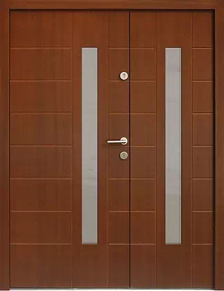 Drzwi dwuskrzydłowe zewnętrzne nowoczesne wzór 942,11 w kolorze orzech.