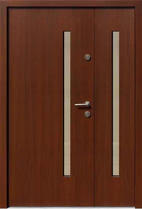 Drzwi dwuskrzydłowe zewnętrzne nowoczesne wzór 947,11 w kolorze orzech.