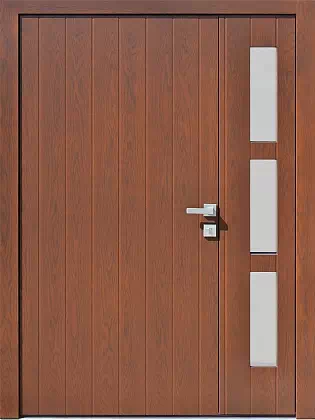 Drzwi dwuskrzydłowe zewnętrzne nowoczesne wzór 989,1 w kolorze orzech.