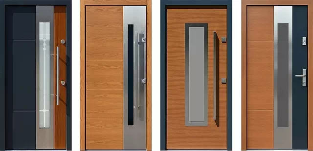 Przykładowe modele drzwi zewnętrznych z aplikacjami ze stali nierdzewnej INOX