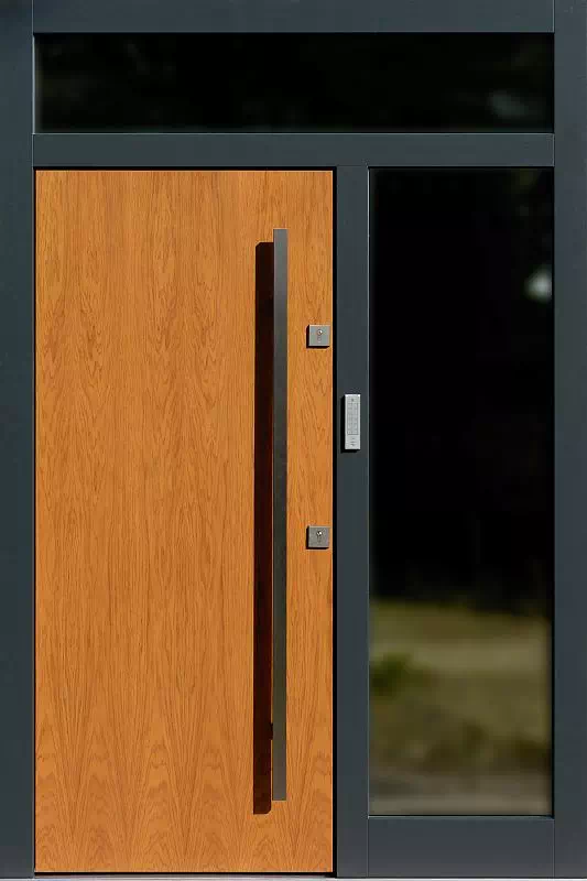 Drzwi drewniane z dostawką boczną i naświetlem górnym 500C dąb jasny + antracyt
