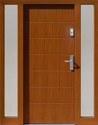 Drzwi zewnętrzne z dostawkami bocznymi wzór wzór 490,7 w kolorze ciemny dąb.
