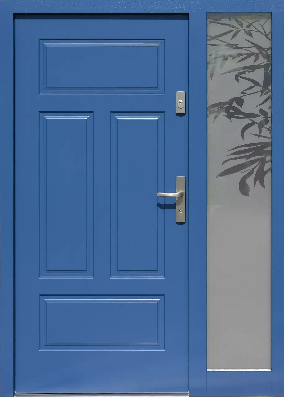 Drzwi zewnętrzne z doświetlem dostawką boczną 533,12 niebieskie