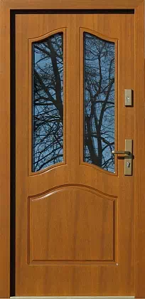 Drzwi drewniane zewnętrzne do domu wzór 501S2 w kolorze złoty dąb.