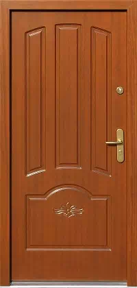 Drzwi drewniane zewnętrzne do domu wzór 502,1+d1 w kolorze ciemny dąb.