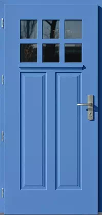 Drzwi drewniane zewnętrzne do domu 507,10A w kolorze niebieskie.