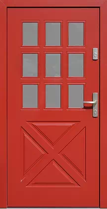 Drzwi drewniane zewnętrzne do domu wzór 507,5 w kolorze czerwone.