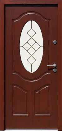 Drzwi drewniane zewnętrzne do domu 513S+ds1 w kolorze mahoniowe.