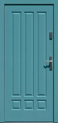 Drzwi drewniane zewnętrzne do domu wzór 533,2 w kolorze turkusowe.