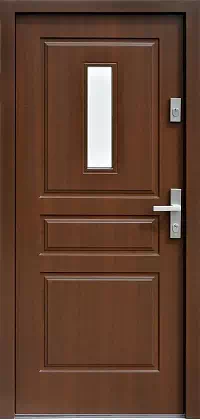 Drzwi drewniane zewnętrzne do domu wzór 533,5 w kolorze ciemny orzech.