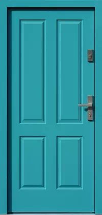 Drzwi drewniane zewnętrzne do domu wzór 534,9 w kolorze turkusowe.