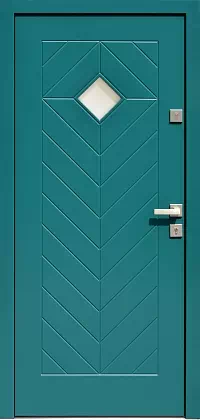 Drzwi drewniane zewnętrzne do domu wzór 543,1 w kolorze turkusowe.
