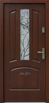 Drzwi drewniane zewnętrzne do domu wzór 552,1S+d1-ds4 w kolorze orzech ciemny.