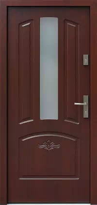 Drzwi drewniane zewnętrzne do domu wzór 552,1S+d1 w kolorze orzech ciemny.