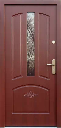 Drzwi drewniane zewnętrzne do domu wzór 552,3S+d1 w kolorze mahoń.