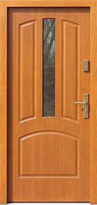 Drzwi drewniane zewnętrzne do domu wzór 552,3S w kolorze jasny dąb.