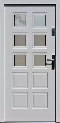 Drzwi drewniane zewnętrzne do domu wzór 574,1 w kolorze białe.