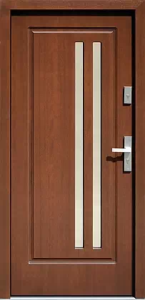 Drzwi drewniane zewnętrzne do domu wzór 577,4B w kolorze orzech.