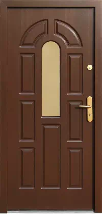 Drzwi drewniane zewnętrzne do domu 578S1 w kolorze orzech ciemny.