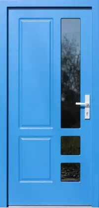 Drzwi drewniane zewnętrzne do domu 590S3 w kolorze niebieskie.