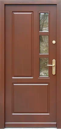 Drzwi drewniane zewnętrzne do domu wzór 591S3 w kolorze orzech ciemny.