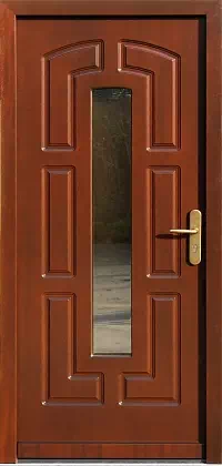 Drzwi drewniane zewnętrzne do domu 593S1 w kolorze teak.