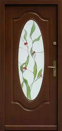 Drzwi drewniane zewnętrzne do domu wzór 595S1+ds1 w kolorze orzech ciemny.