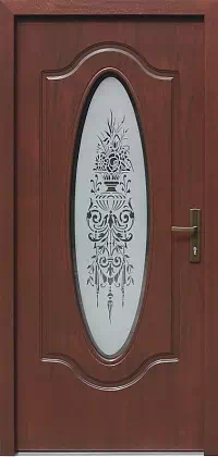 Drzwi drewniane zewnętrzne do domu 595S1+ds2 w kolorze mahoń.