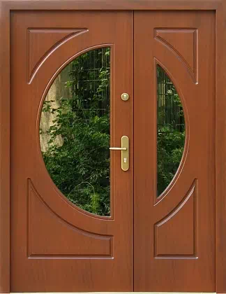Drzwi dwuskrzydłowe drewniane zewnętrzne wzór 902,1 w kolorze teak.