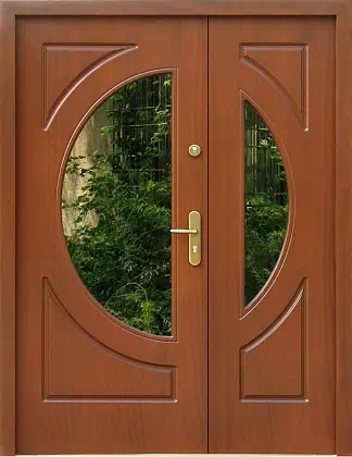 Drzwi dwuskrzydłowe drewniane zewnętrzne wzór wzór 902,1 w kolorze teak.