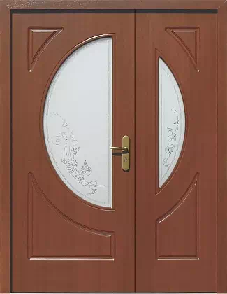 Drzwi dwuskrzydłowe drewniane zewnętrzne wzór 902,2+ds1 w kolorze mahoń.