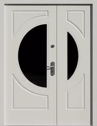 Drzwi dwuskrzydłowe drewniane zewnętrzne wzór 902,3 w kolorze białe.