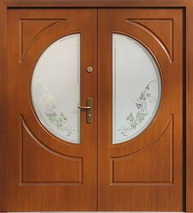 Drzwi dwuskrzydłowe drewniane zewnętrzne wzór 902,4+ds1 w kolorze dąb ciemny.