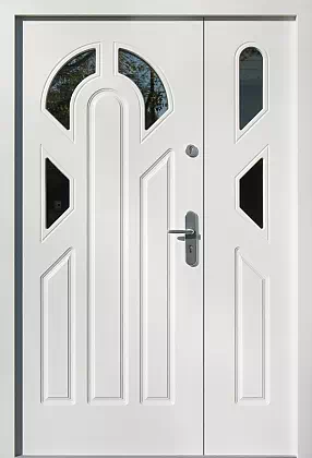 Drzwi dwuskrzydłowe drewniane zewnętrzne wzór 903,3 w kolorze białe.