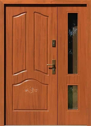 Drzwi dwuskrzydłowe drewniane zewnętrzne wzór wzór 905+d1 w kolorze dąb średni.