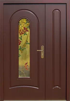 Drzwi dwuskrzydłowe drewniane zewnętrzne wzór wzór 906 w kolorze mahoń.